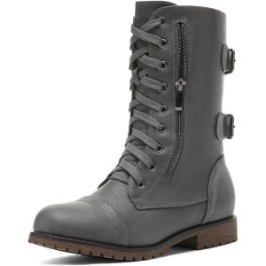 DREAM PAIRS Women’s Mid Calf Built-in Wallet Pocket Lace up Military Combat Boots(Grey-pu)