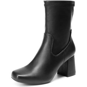 DREAM PAIRS Women’s Mid Calf Gogo Boots Low Block Heel Square Toe Ankle Boot with Zipper for Party Cosplay Dance(Black)