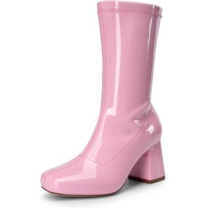 DREAM PAIRS Women’s Mid Calf Gogo Boots Low Block Heel Square Toe Ankle Boot with Zipper for Party Cosplay Dance(Pink)