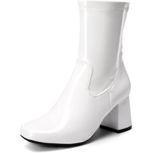 DREAM PAIRS Women’s Mid Calf Gogo Boots Low Block Heel Square Toe Ankle Boot with Zipper for Party Cosplay Dance(White-pat)