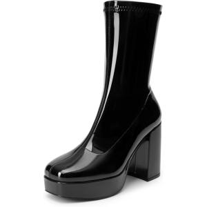 DREAM PAIRS Women’s Mid Calf Gogo Boots Platform High Chunky Block Heel Square Toe Ankle Boots(Black-pat)