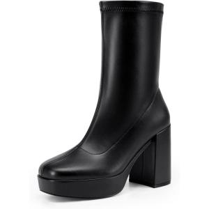 DREAM PAIRS Women’s Mid Calf Gogo Boots Platform High Chunky Block Heel Square Toe Ankle Boots(Black-pu)