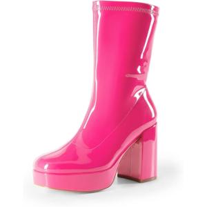 DREAM PAIRS Women’s Mid Calf Gogo Boots Platform High Chunky Block Heel Square Toe Ankle Boots(Hot Pink-pat)