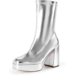 DREAM PAIRS Women’s Mid Calf Gogo Boots Platform High Chunky Block Heel Square Toe Ankle Boots(Metallic Silver)