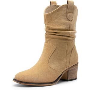 DREAM PAIRS Women’s Modern Western Cowboy Boots, Mid Calf Round toe Chunky Heel Cowgirl Country Ankle Boots with Pull On Tabs(Khaki-suede)