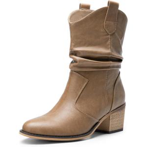 DREAM PAIRS Women’s Modern Western Cowboy Boots, Mid Calf Round toe Chunky Heel Cowgirl Country Ankle Boots with Pull On Tabs(Mocha)