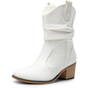 DREAM PAIRS Women’s Modern Western Cowboy Boots, Mid Calf Round toe Chunky Heel Cowgirl Country Ankle Boots with Pull On Tabs(White)