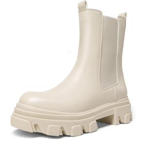 DREAM PAIRS Women’s Platform Chelsea Boots Lug Sole Combat Mid Calf Slip On Chunky Ankle Booties(Beige/White/Pu)