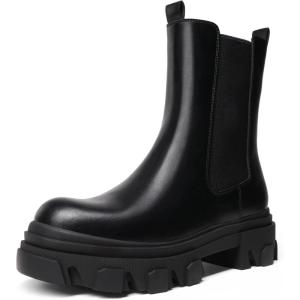 DREAM PAIRS Women’s Platform Chelsea Boots Lug Sole Combat Mid Calf Slip On Chunky Ankle Booties(Black/Pu)