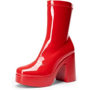DREAM PAIRS Women’s Platform Gogo Ankle Boots High Chunky Block Heel Square Toe Booties Shoes(Red-pat)