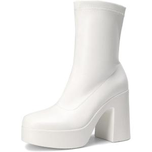 DREAM PAIRS Women’s Platform Gogo Ankle Boots High Chunky Block Heel Square Toe Booties Shoes(White)