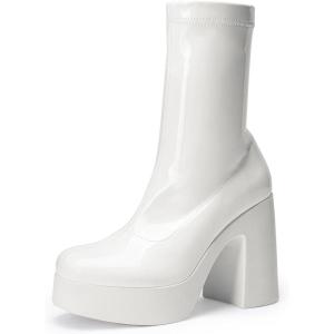 DREAM PAIRS Women’s Platform Gogo Ankle Boots High Chunky Block Heel Square Toe Booties Shoes(White-pat)