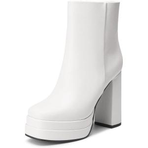 DREAM PAIRS Women’s Platform Gogo Ankle Boots High Chunky Heels Square Toe Comfort Party Dress Booties Shoes for Women(White)