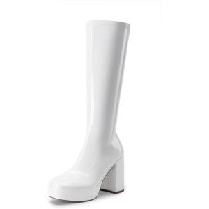 DREAM PAIRS Women’s Platform Knee High Boots Chunky Block Heel Side Zipper Cute Gogo Boots(White-pat)