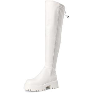 DREAM PAIRS Women’s Platform Over The Knee Boots Lug Sole Round Toe Thigh High Long Chunky Block Heels Fall Boots(White-pu)