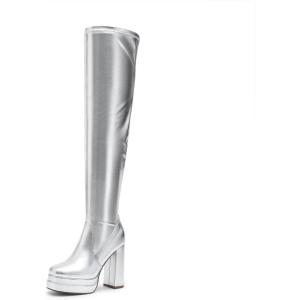 DREAM PAIRS Women’s Platform Over The Knee Thigh High Boots Chunky High Heels Square Toe Long Fall Y2K Gogo Boots(Silver)