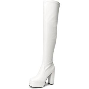 DREAM PAIRS Women’s Platform Over The Knee Thigh High Boots Chunky High Heels Square Toe Long Fall Y2K Gogo Boots(White)