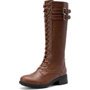 DREAM PAIRS Women’s Pu Knee High Riding Combat Boots(Light Brown)