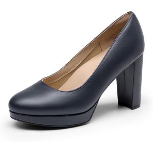 DREAM PAIRS Women’s Pumps Closed Round Toe Chunky High Heels Platform Work Comfortable Dress Shoes for Women(Navy-pu)