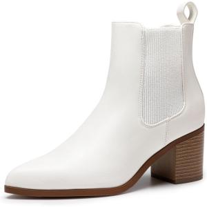 DREAM PAIRS Women’s Retro Elastic Chelsea Ankle Boots Fashion Low Chunky Block Heel Pointed Toe Fall Heeled Booties Shoes(White-pu)