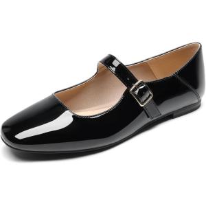 DREAM PAIRS Women’s Silver Square Toe Mary Jane Flats: Comfortable Casual Slip On Dress Shoes with Buckle Strap for Women’s Daily Wear(Black-pat)