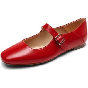 DREAM PAIRS Women’s Silver Square Toe Mary Jane Flats: Comfortable Casual Slip On Dress Shoes with Buckle Strap for Women’s Daily Wear(Red)