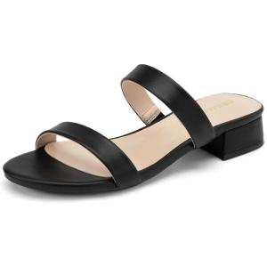 DREAM PAIRS Women’s Slides Heels Slip On Low Block Sandals Two Strap Open Round Toe Chunky Casual Summer Mules Shoes(Black)
