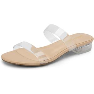 DREAM PAIRS Women’s Slides Heels Slip On Low Block Sandals Two Strap Open Round Toe Chunky Casual Summer Mules Shoes(Clear)