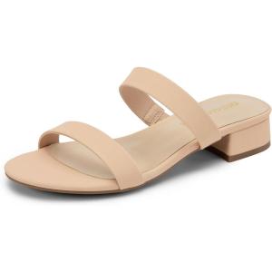 DREAM PAIRS Women’s Slides Heels Slip On Low Block Sandals Two Strap Open Round Toe Chunky Casual Summer Mules Shoes(Nude-nubuck)
