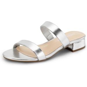 DREAM PAIRS Women’s Slides Heels Slip On Low Block Sandals Two Strap Open Round Toe Chunky Casual Summer Mules Shoes(Silver)