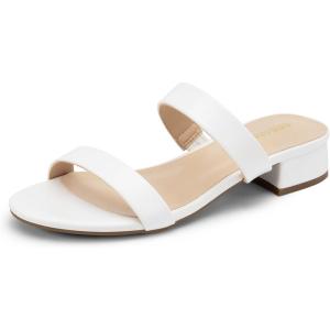 DREAM PAIRS Women’s Slides Heels Slip On Low Block Sandals Two Strap Open Round Toe Chunky Casual Summer Mules Shoes(White)
