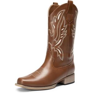 DREAM PAIRS Women’s Square Toe Cowboy Cowgirl Boots Pull On Low Chunky Heel Mid Calf Western Boots with Embroidered Stitched for Theme Party Country Concert(Brown-1)