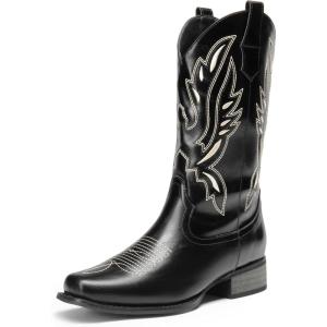 DREAM PAIRS Women’s Square Toe Cowboy Cowgirl Boots Pull On Low Chunky Heel Mid Calf Western Boots with Embroidered Stitched for Theme Party Country Concert(Black-1)