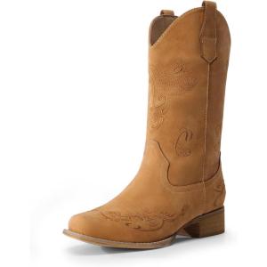 DREAM PAIRS Women’s Square Toe Cowboy Cowgirl Boots Pull On Low Chunky Heel Mid Calf Western Boots with Embroidered Stitched for Theme Party Country Concert(Tan)