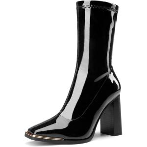 DREAM PAIRS Women’s Square Toe Gogo Boots Elastic Ankle Boots High Chunky Block Heel Mid Calf Boots(Black/Pu)