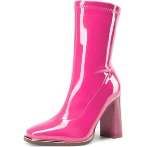 DREAM PAIRS Women’s Square Toe Gogo Boots Elastic Ankle Boots High Chunky Block Heel Mid Calf Boots(Hot Pink-pat)
