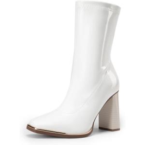 DREAM PAIRS Women’s Square Toe Gogo Boots Elastic Ankle Boots High Chunky Block Heel Mid Calf Boots(White-pat)
