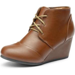 DREAM PAIRS Women’s Wedge Boots Casual Fashion Lace Up Low Heel Ankle Booties Shoes(Tan/Pu)