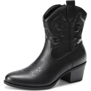 DREAM PAIRS Women’s Western Cowboy Cowgirl Embroidered Ankle Boots Fashion Low chunky Heel Round Toe Fall Short Booties Shoes(Black)