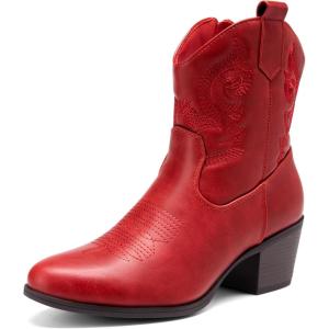 DREAM PAIRS Women’s Western Cowboy Cowgirl Embroidered Ankle Boots Fashion Low chunky Heel Round Toe Fall Short Booties Shoes(Red)