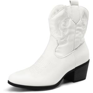 DREAM PAIRS Women’s Western Cowboy Cowgirl Embroidered Ankle Boots Fashion Low chunky Heel Round Toe Fall Short Booties Shoes(White)