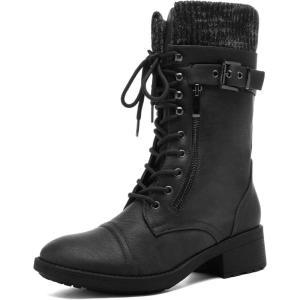 DREAM PAIRS Women’s Winter Lace up Mid Calf Combat Riding Military Boots(Black)