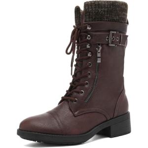 DREAM PAIRS Women’s Winter Lace up Mid Calf Combat Riding Military Boots(Burgundy)