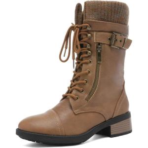 DREAM PAIRS Women’s Winter Lace up Mid Calf Combat Riding Military Boots(Camel)