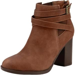TOETOS Women’s Chunky High Heel Ankle Boots Close Toe Fall Heeled Booties Shoes(Brown-pu)
