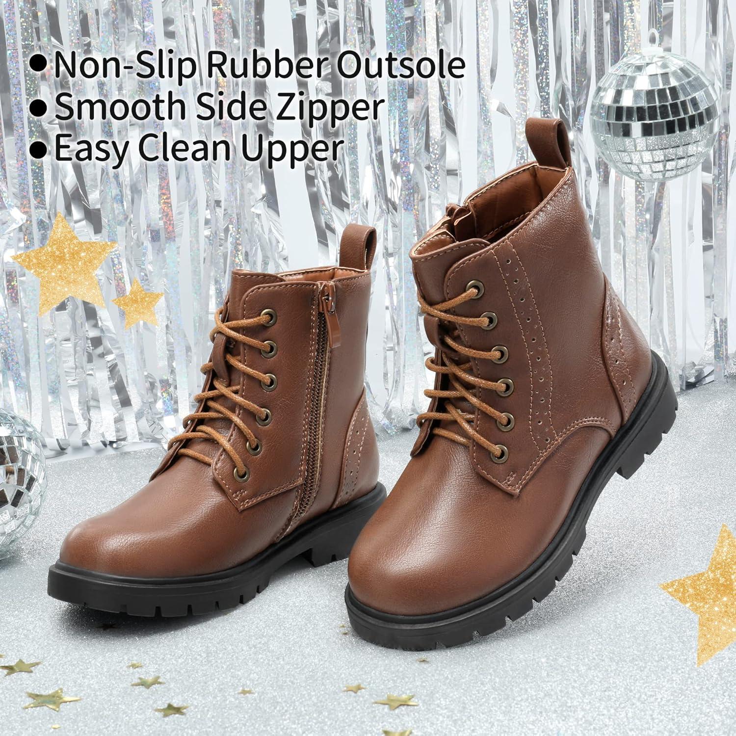 imageDREAM PAIRS Boys Girls Side Zipper Combat Ankle BootsToddlerLittle KidBrownPu