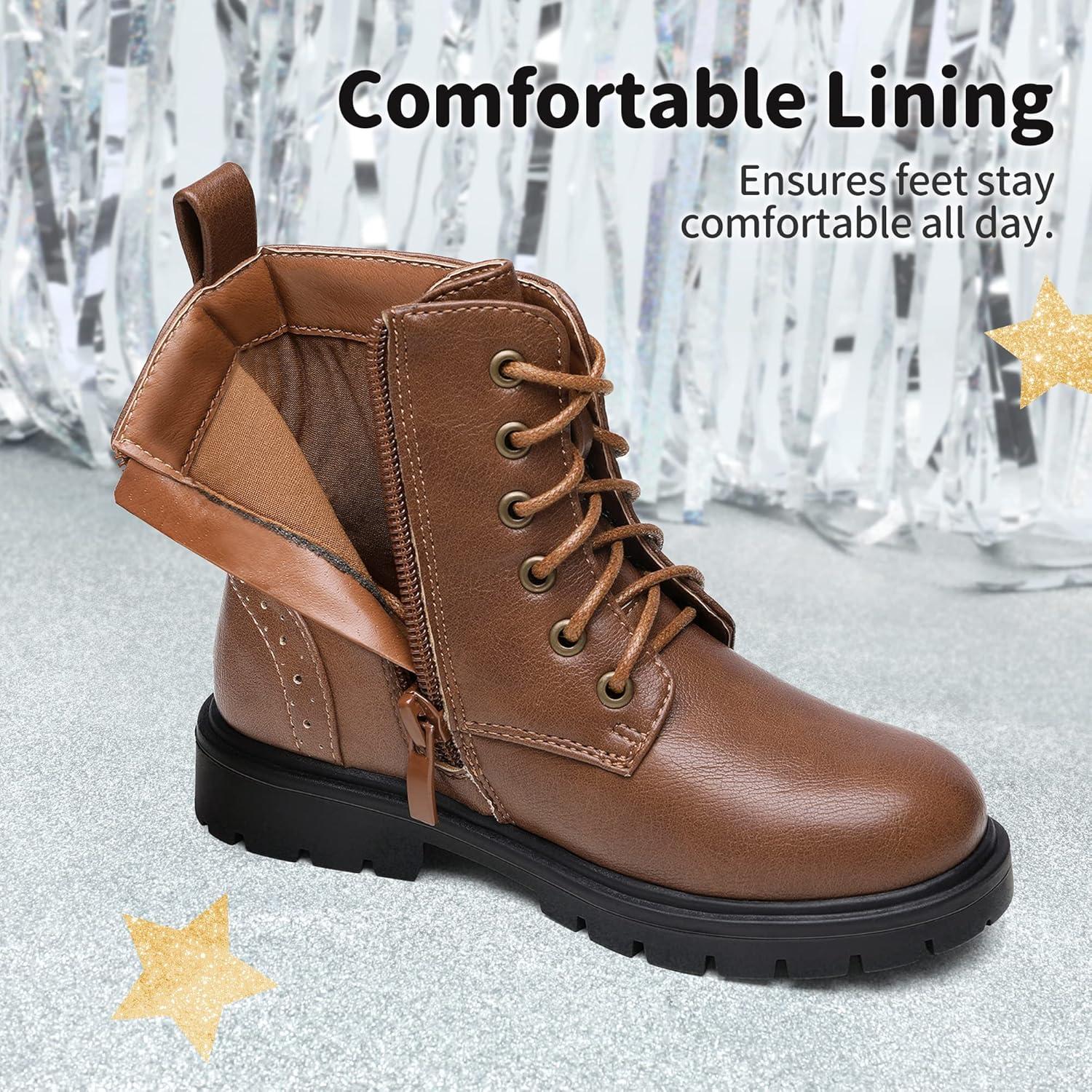 imageDREAM PAIRS Boys Girls Side Zipper Combat Ankle BootsToddlerLittle KidBrownPu