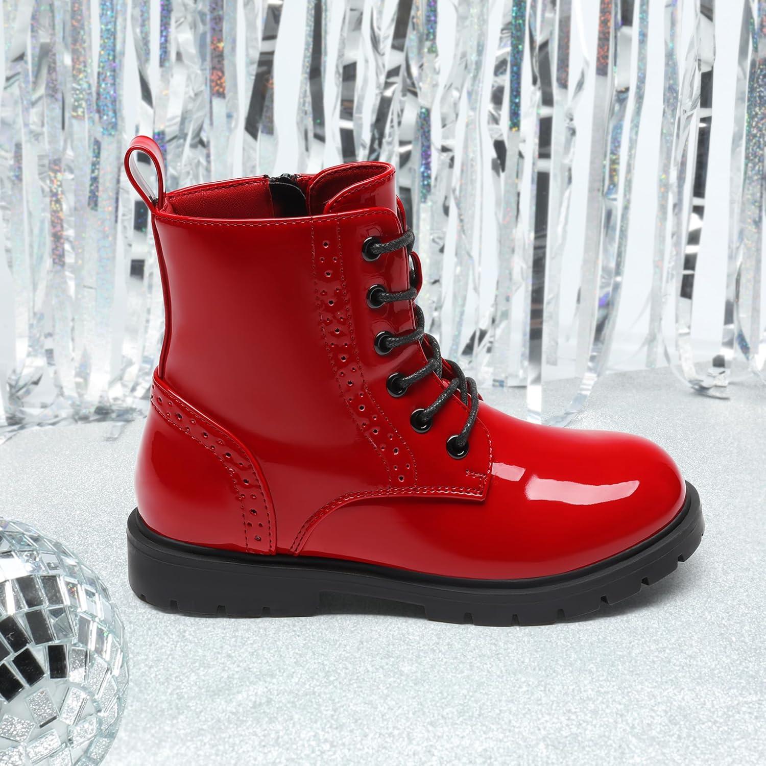 imageDREAM PAIRS Boys Girls Side Zipper Combat Ankle BootsToddlerLittle KidRed