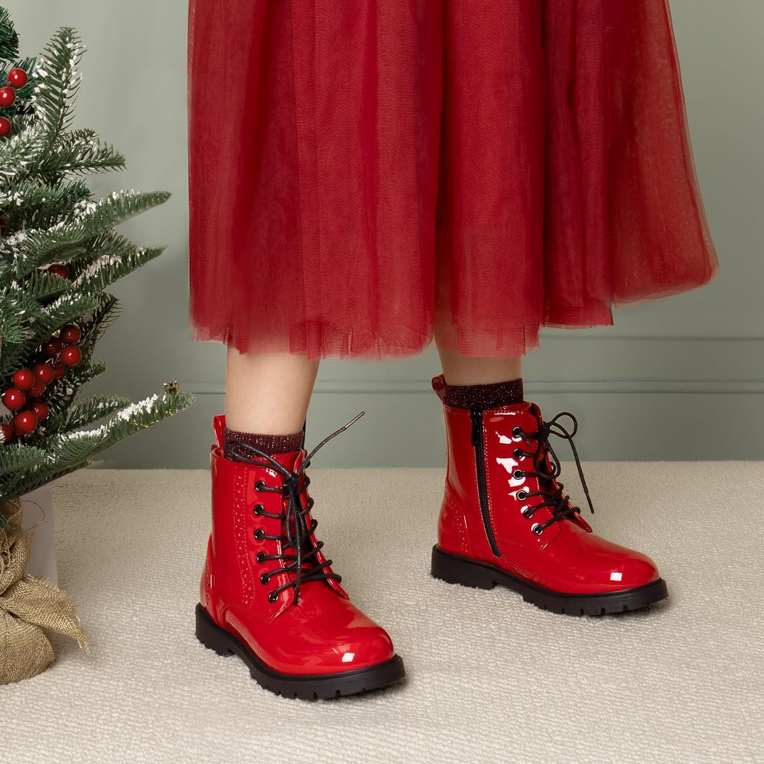 imageDREAM PAIRS Boys Girls Side Zipper Combat Ankle BootsToddlerLittle KidRed