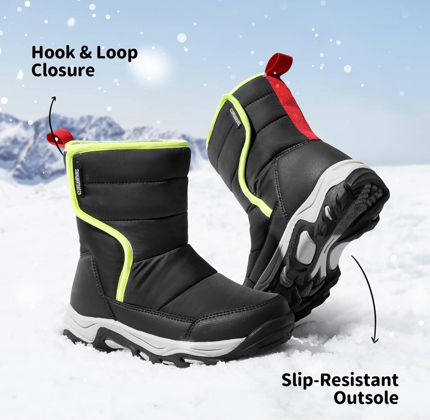 imageDREAM PAIRS Boys Girls Snow Boots Waterproof Hook and Loop Mid Calf Faux Fur Lining Winter Shoes for LittleBig KidsBlack